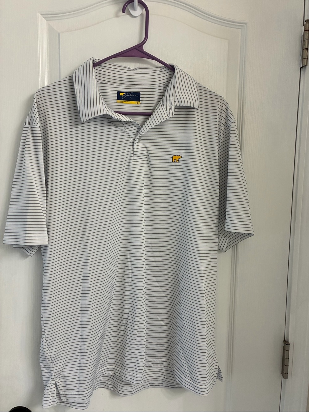 Striped White Polo with Yellow Bear Emblem